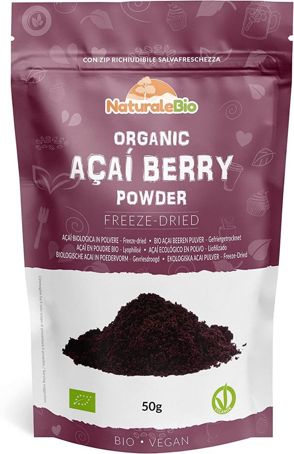 Organic Acai Berries Powder - Freeze-Dried - 50g. Brazilian Acai, Lyophilised, Raw. Extract from Açai Berry Pulp. Vegan & Vegetarian Friendly