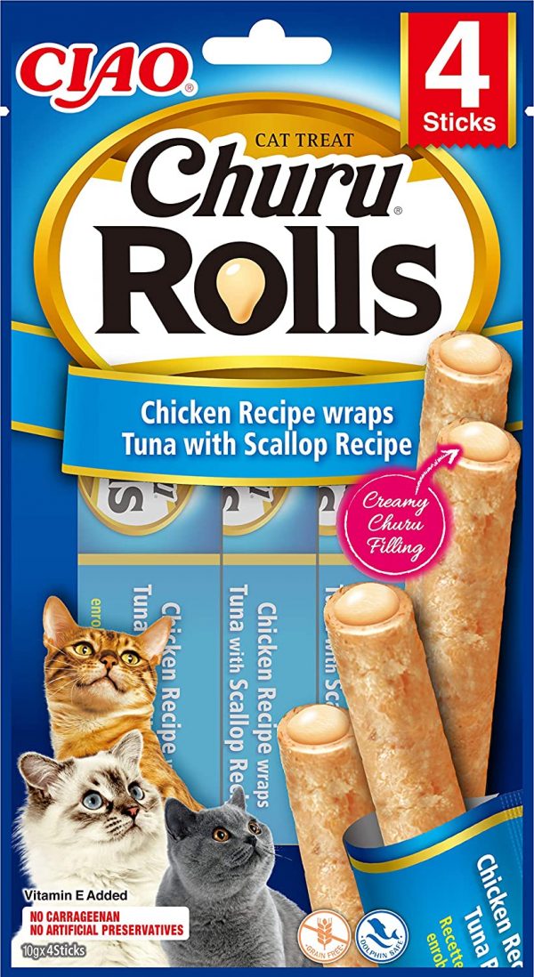 INABA Churu Rolls - Cat treats for hand feeding - Delicious cat snacks with creamy filling - tuna coated with scallops, Blue