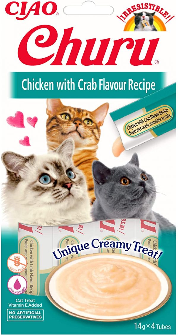 INABA Churu Sticks - Lickable Cat Treats To Feed From Hand - Delicious And Healthy Snack for Cats - Chicken & Crab Green