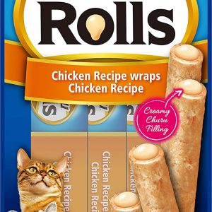 INABA Churu Rolls - Cat treats to feed from the hand - Delicious cat snacks with creamy filling - Chicken coated with chicken, Blue