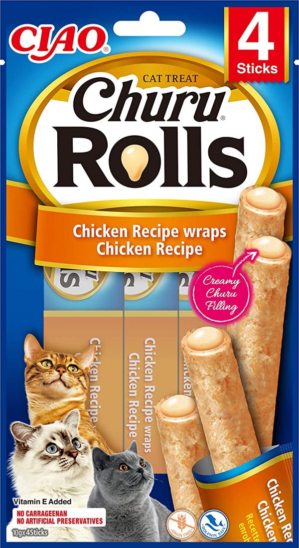 INABA Churu Rolls - Cat treats to feed from the hand - Delicious cat snacks with creamy filling - Chicken coated with chicken, Blue