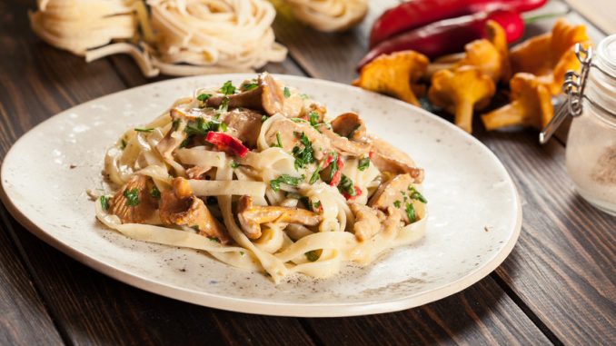 Tagliatelle pasta with chicken and chanterelles mushrooms with creamy sauce