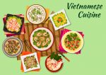 Vietnamese cuisine seafood salad and soup icon served with crispy lamb, chicken soup with shiitake mushrooms, beef noodles, mango salad, spinach salad with shrimps, eggplant stew, nuoc leo peanut dipping sauce