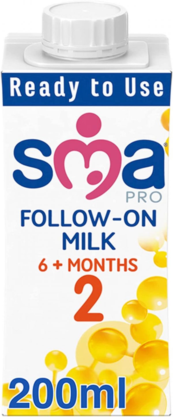SMA Pro Follow-on Baby Milk, 6 months Plus , Ready to Drink Liquid Formula 200 ml (Pack of 12)