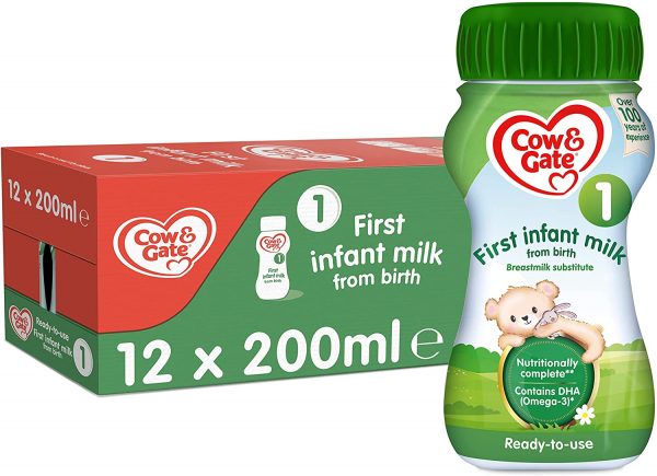 Cow & Gate 1 First Infant Baby Milk Ready to Use Liquid Formula, from Birth, 200ml (Pack of 12)