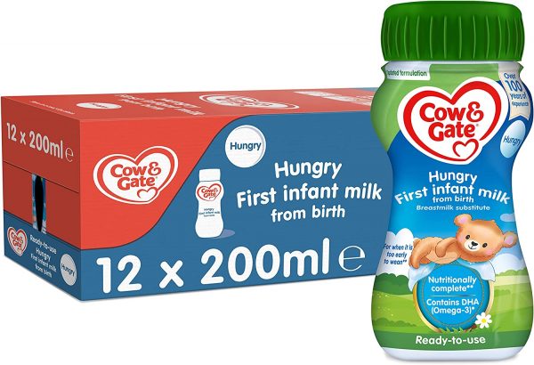 Cow & Gate Hungry Baby Milk Ready to Use Liquid Formula, from Birth, 200ml (Pack of 12)