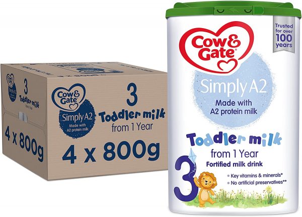Cow & Gate Simply A2 3 Toddler Baby Milk Powder Formula, from 1 year, 800g (Pack of 4)