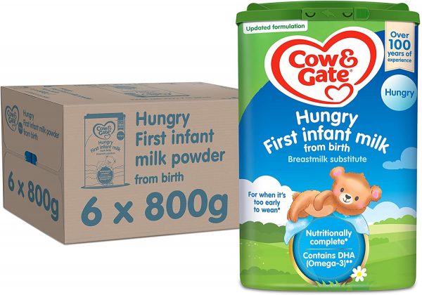 Cow & Gate Hungry Baby Milk Powder Formula, from Birth, 800g (Pack of 6)
