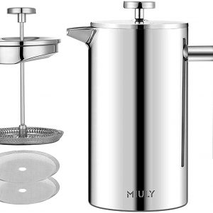 MaxMiuly Cafetiere French Press Small Szie 350ml/12oz,Stainless Steel Double Wall Heat Resistant Coffee Press with 3 Filter Screens (1 Mug Silver)