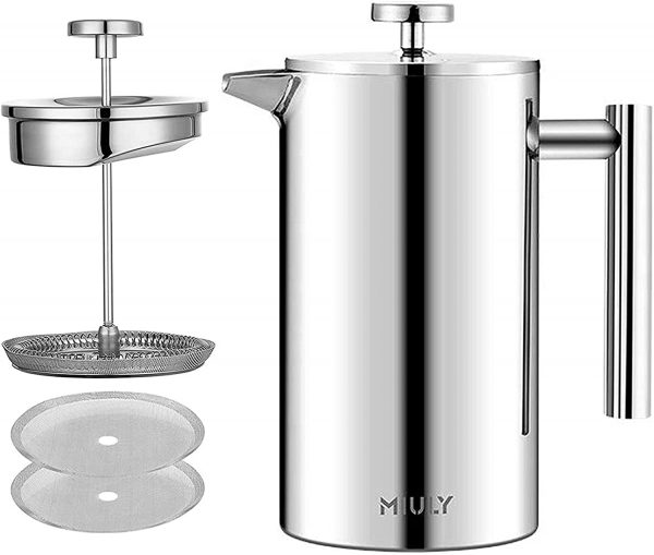 MaxMiuly Cafetiere French Press Small Szie 350ml/12oz,Stainless Steel Double Wall Heat Resistant Coffee Press with 3 Filter Screens (1 Mug Silver)