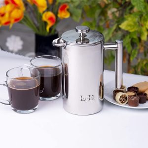 Lordeon French Press Cafetiere | Stainless Steel Coffee Maker 1l (8 Cup) | Double Wall Insulation | Cafetiere Set Includes Coffee Measuring Spoon with Bag...