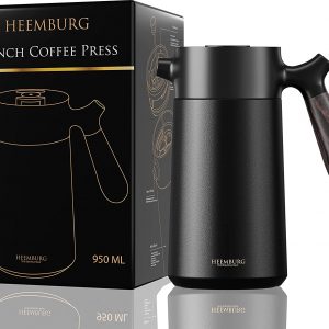 Heemburg French Press Coffee Maker Cafetière Thermo Double Wall Insulated Vacuum Stainless Steel Manual Brewer (Black)