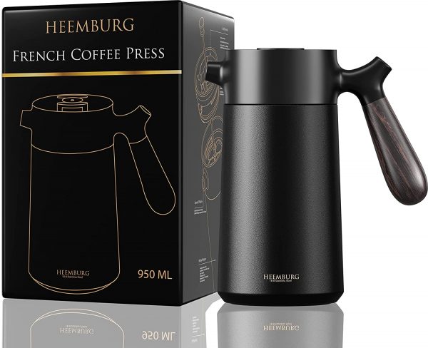 Heemburg French Press Coffee Maker Cafetière Thermo Double Wall Insulated Vacuum Stainless Steel Manual Brewer (Black)