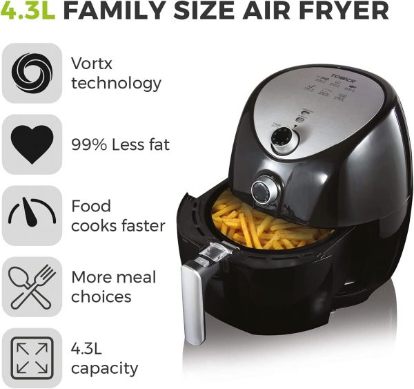 Tower T17021 Family Size Air Fryer with Rapid Air Circulation, 60-Minute Timer, 4.3 Litre, 1500W, Black