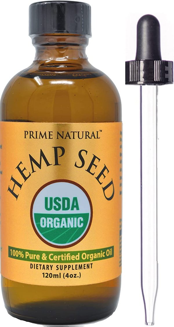 Prime Natural Organic Hemp Seed Oil 4oz - USDA Certified - Sativa Oil - Pure, Cold Pressed, Virgin, Unrefined, Vegan, Food Grade - High Omega 3 6 9 Fatty...