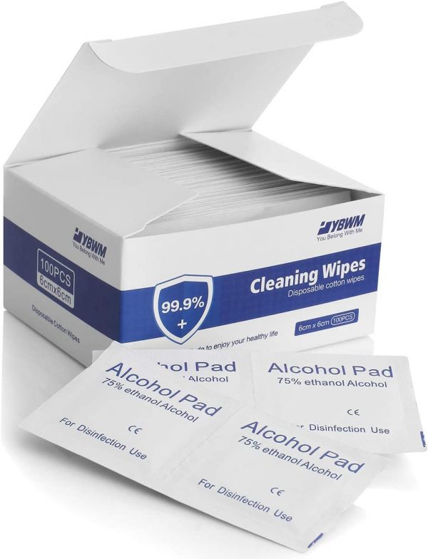 YBWM Disposable 75% Alcohol Wipes Individually Wrapped Cleaning Wipes Wet Pads for House and Office Cleaning Public Health 6x6cm 100pcs