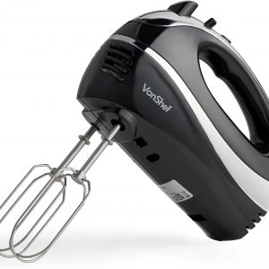 VonShef Hand Mixer – 300W Electric Whisk for Baking with 5 Speeds, 2 Stainless Steel Beaters, 2 Dough Hooks, Whisk, Turbo Boost, Eject Button – Black