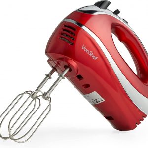 VonShef Electric Hand Mixer - Red Electric Whisk with Stainless Steel Beaters, Dough Hooks & Balloon Whisk – Lightweight Electric Mixer with 5 Speed...