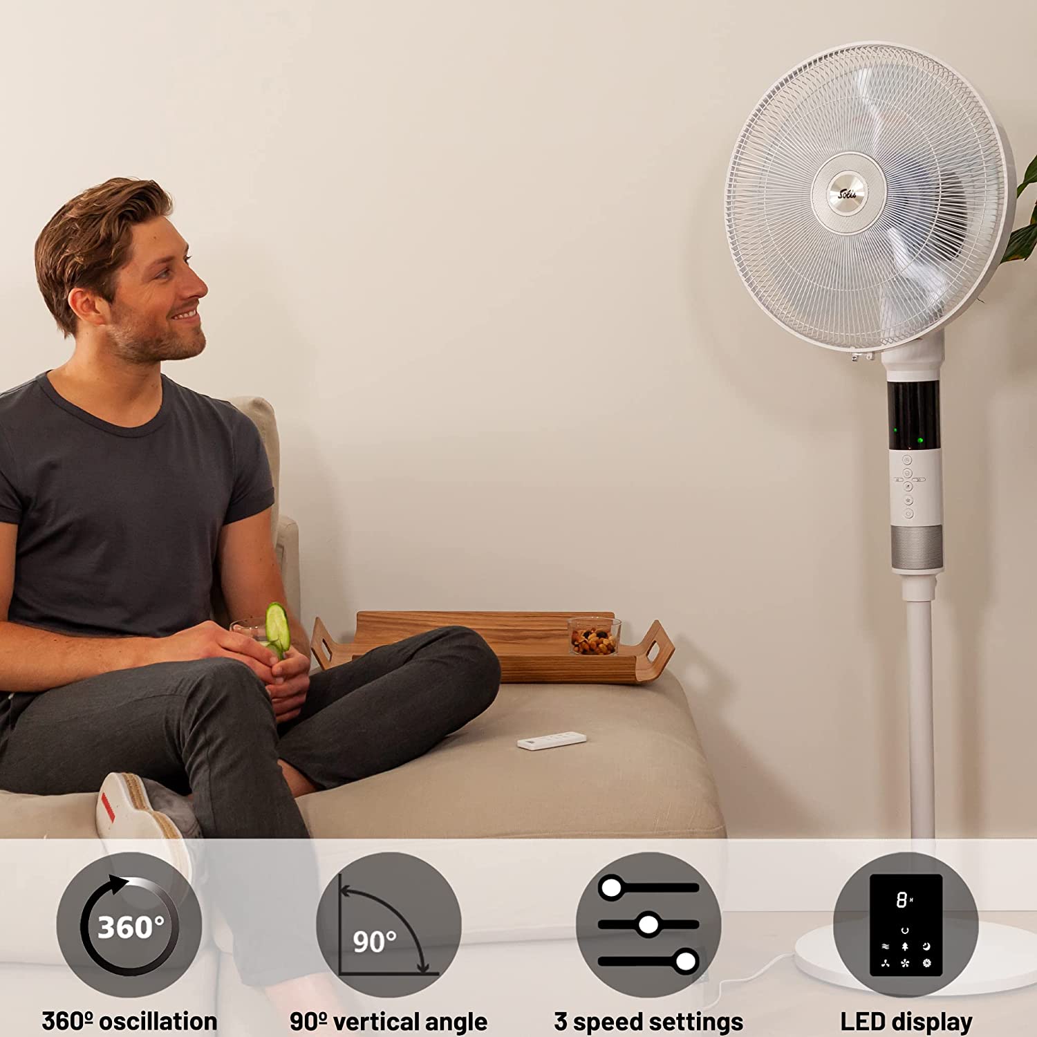 Solis Breeze 360° Standing Fan 7582-3 Different Speed Settings - With Infrared Remote Control - Adjustable Oscillating Fan - White