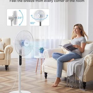 PELONIS Pedestal Fan with Remote Control, 16-Inch Adjustable Height Oscillating Electric Fan with Ultra-Quiet DC Motor 35W, 12 Speed settings, 12-Hours Timer