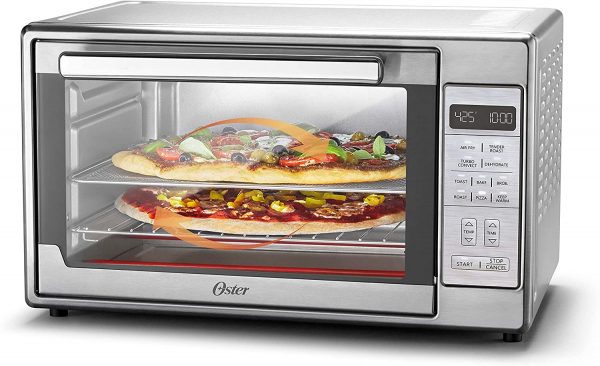 Oster Air Fryer Oven, 10-in-1 Countertop Toaster Oven Air Fryer Combo, 10.5" x 13" Fits 2 Large Pizzas, Stainless Steel