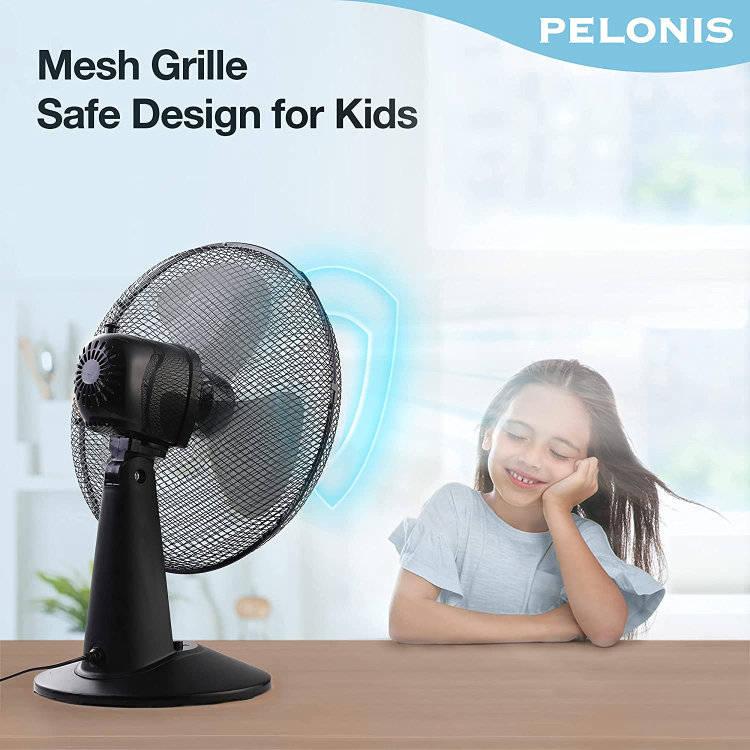 PELONIS Portable Desk Fan 14-inch / 35cm with 3 Speeds 85º Oscillation, 40W Electric Table Fan, Adjustable Head Low Noise, Strong Resistant Base for Bedroom and Office