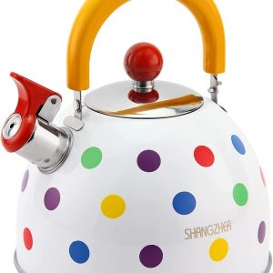 SHANGZHER Gas Kettle Induction Whistling Tea Kettle, Polka Colour Dots Kettle for Stove Top 2.5 litres