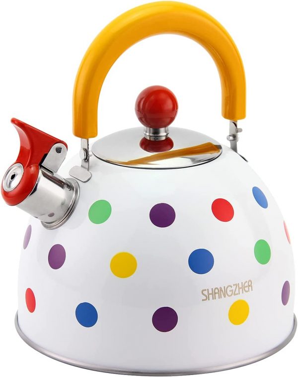 SHANGZHER Gas Kettle Induction Whistling Tea Kettle, Polka Colour Dots Kettle for Stove Top 2.5 litres