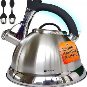 Pykal Whistling Tea Kettle for Stove Top - 2.8l - Stainless Steel iCool Handle Tea Pot - 5 PLY Kettles - Teapot w/ 2 Infusers Also for Gas Hob or Induction Heater