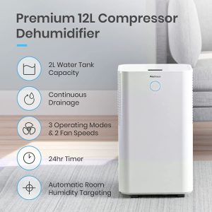 Pro Breeze 12L/Day Dehumidifier with Automatic Humidity Sensor & Display, 24 Hour Timer, Laundry Drying, Continuous Drainage and Sleep Mode for Damp,...
