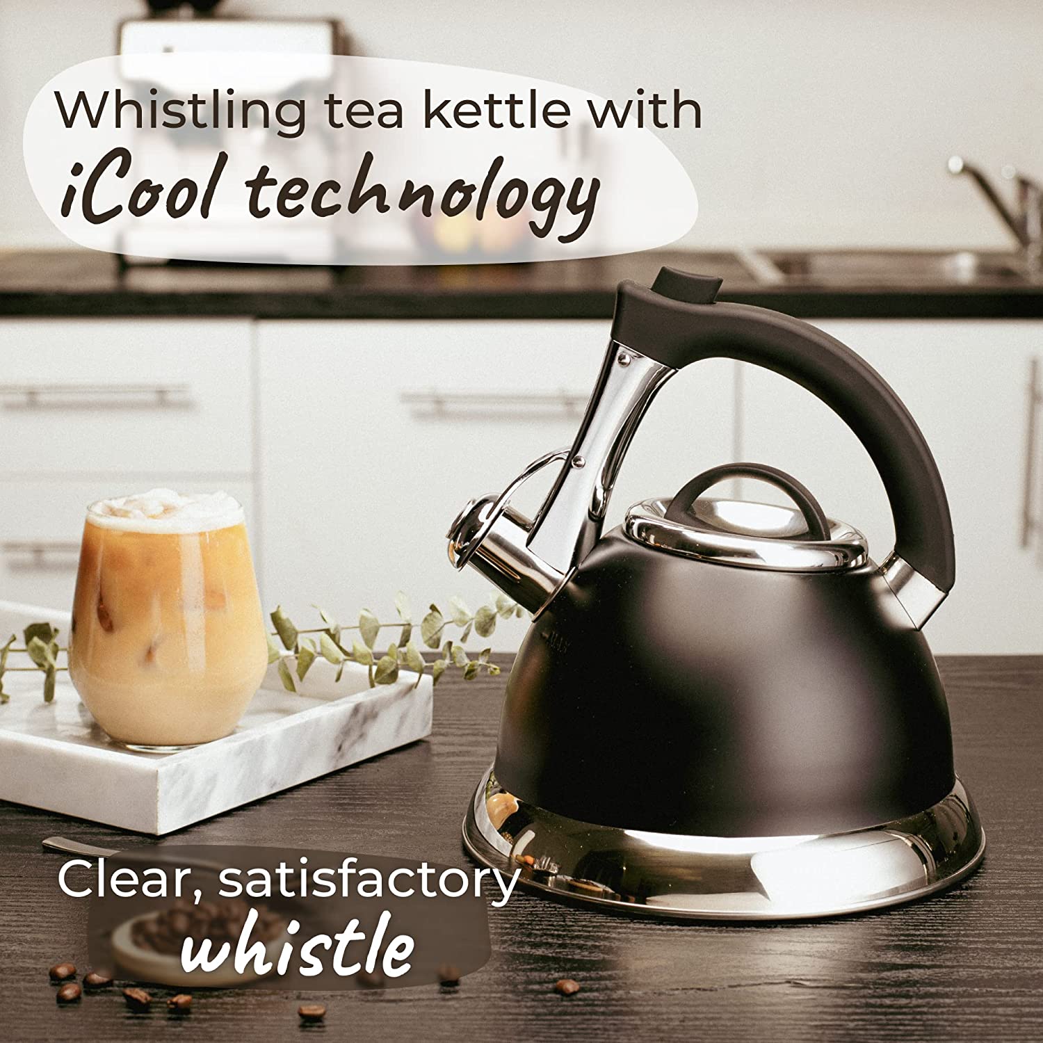 Whistling Tea Kettle with iCool - Handle, Surgical Stainless Steel Teapot for All Stovetops, 2 Free Infusers Included, 3 Quart by Pykal