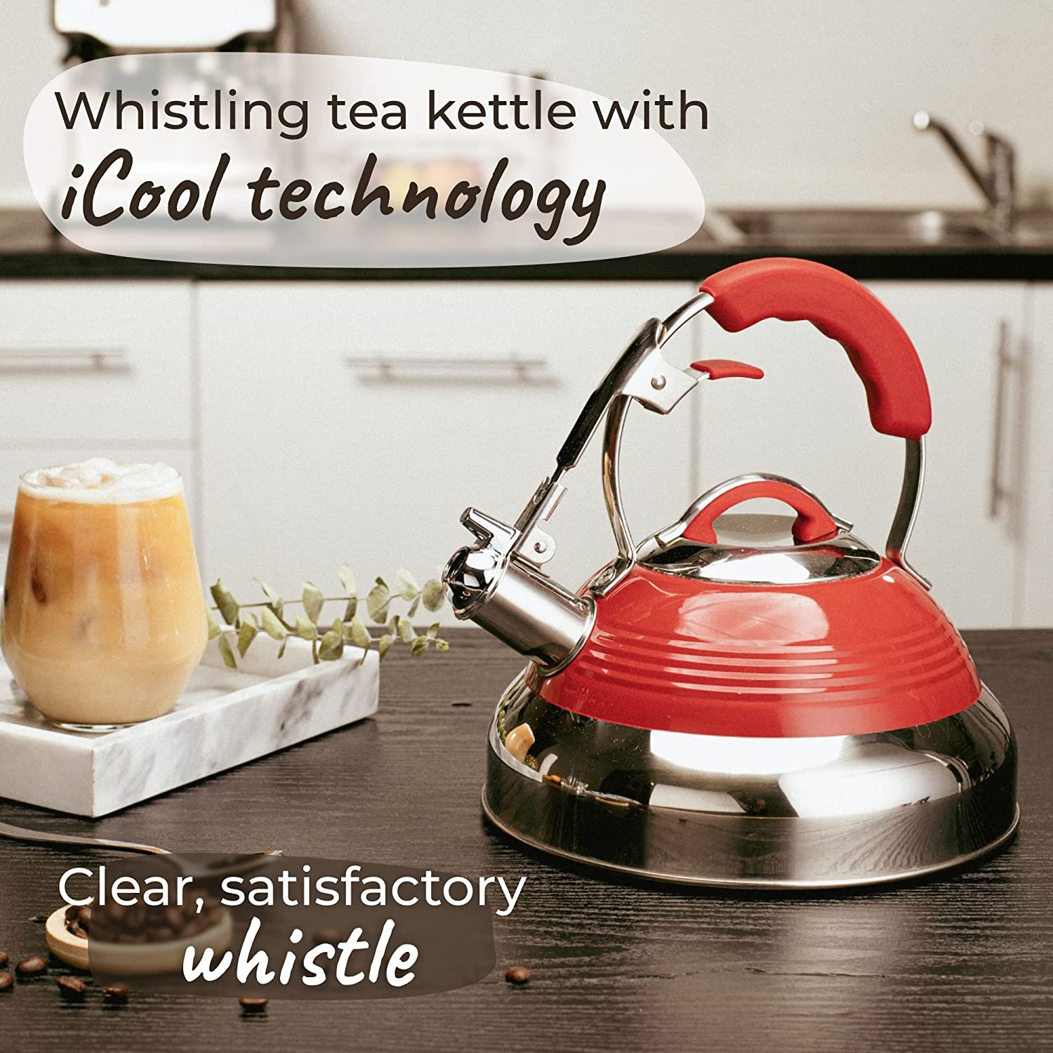 Pykal Retro Whistling Tea Kettle for Stove Top - 2.6l - Red Vintage Stainless Steel Kettles w/ iCool Handle Technology - Whistle Teapot for Stovetop...