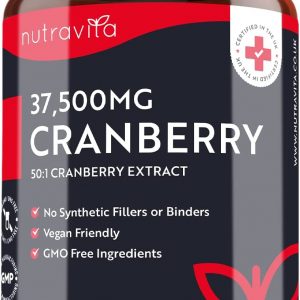Max Strength Cranberry 37,500mg - 180 Vegan Capsules – Daily Supplement for Women – 50:1 Pure Cranberry Extract Supplement – Made in The UK by Nutravita