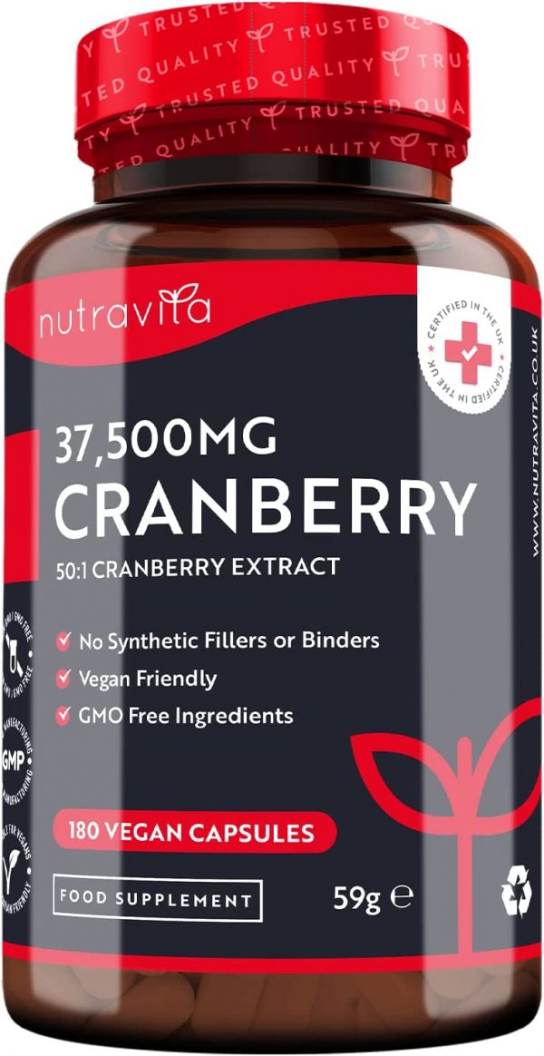 Max Strength Cranberry 37,500mg - 180 Vegan Capsules – Daily Supplement for Women – 50:1 Pure Cranberry Extract Supplement – Made in The UK by Nutravita