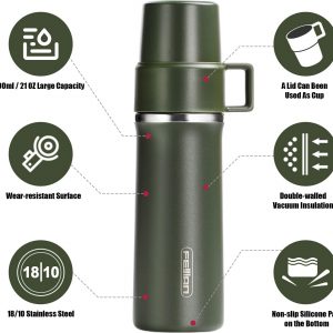 Healter 600ml Travel Vacuum Flask, Water Bottle for Coffee, Built-in Lid Cup, Stainless Steel, Thermal Tea Mug, Sport Bottles, Green