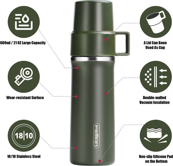 Healter 600ml Travel Vacuum Flask, Water Bottle for Coffee, Built-in Lid Cup, Stainless Steel, Thermal Tea Mug, Sport Bottles, Green
