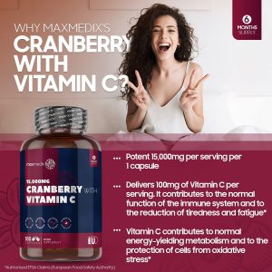 High Strength Cranberry 15000mg with Vitamin C – 180 Vegan Cranberry Capsules – 6 Months Supply – Non-GMO Cranberry Supplement from Vaccinium Macrocarpon...