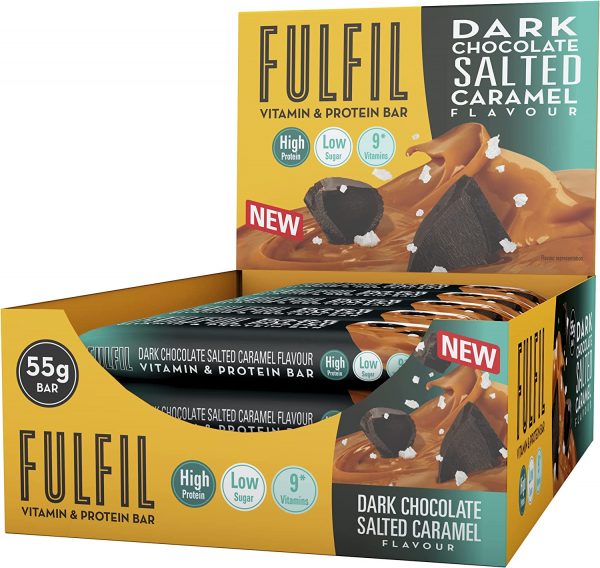 FULFIL Vitamin and Protein Bar (15 x 55g Bars) — Dark Chocolate Salted Caramel Flavour — 20g High Protein, 9 Vitamins, Low Sugar