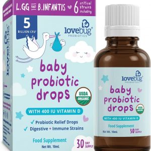 LoveBug Probiotics Baby Drops for 0+ Months, 10 ml (30-Day Supply) 5 Billion CFU with L GG, B Infantis USDA Organic, Allergen-Free, Non-GMO, Vegan