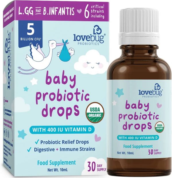 LoveBug Probiotics Baby Drops for 0+ Months, 10 ml (30-Day Supply) 5 Billion CFU with L GG, B Infantis USDA Organic, Allergen-Free, Non-GMO, Vegan