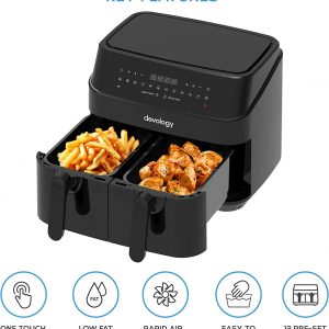 Devology Double Air Fryer - 9L - 2 x 4.5L Independent Cooking Zones - Free 50 Recipe Cookbook- 12 Cooking Programs - Digital LED Display Airfryer - Healthy...