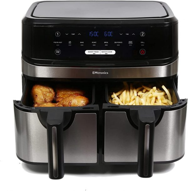 EMtronics EMDAF9LD+ Dual Air Fryer Extra Large Family Size Double XL 9 Litre with 8 Adjustable Pre-Set Menus for Oil Free & Low Fat Healthy Cooking,...