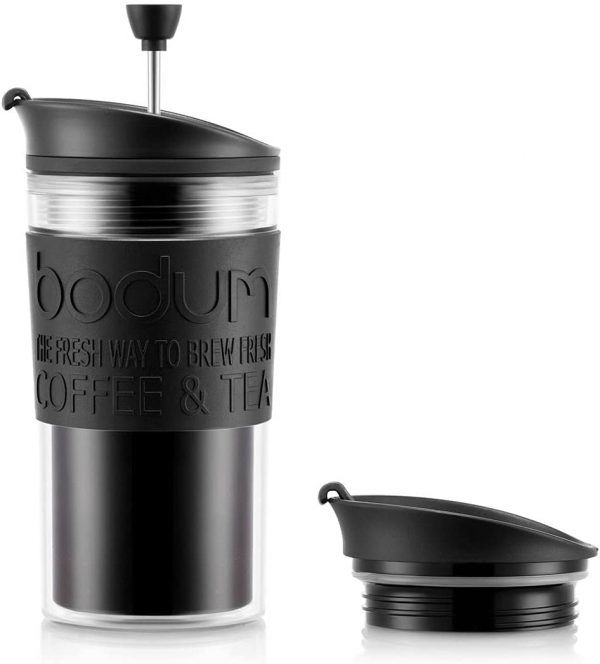 BODUM K11102-01 Travel Press Set Coffee Maker with Extra Lid, 0.35 L/12 oz - Black