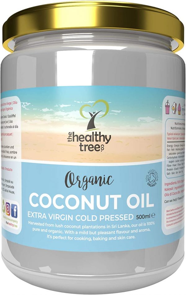 Organic Extra Virgin Coconut Oil by TheHealthyTree Company - for Cooking, Baking, Hair and Skin - Vegan Cold Pressed Raw Organic Coconut Oil (500ml Glass Jar)