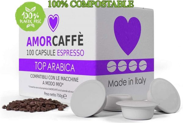 Amorcaffe 100 Compostable Compatible Coffee Capsules Pods for Lavazza A Modo Mio - Top Arabica taste - Plastic free