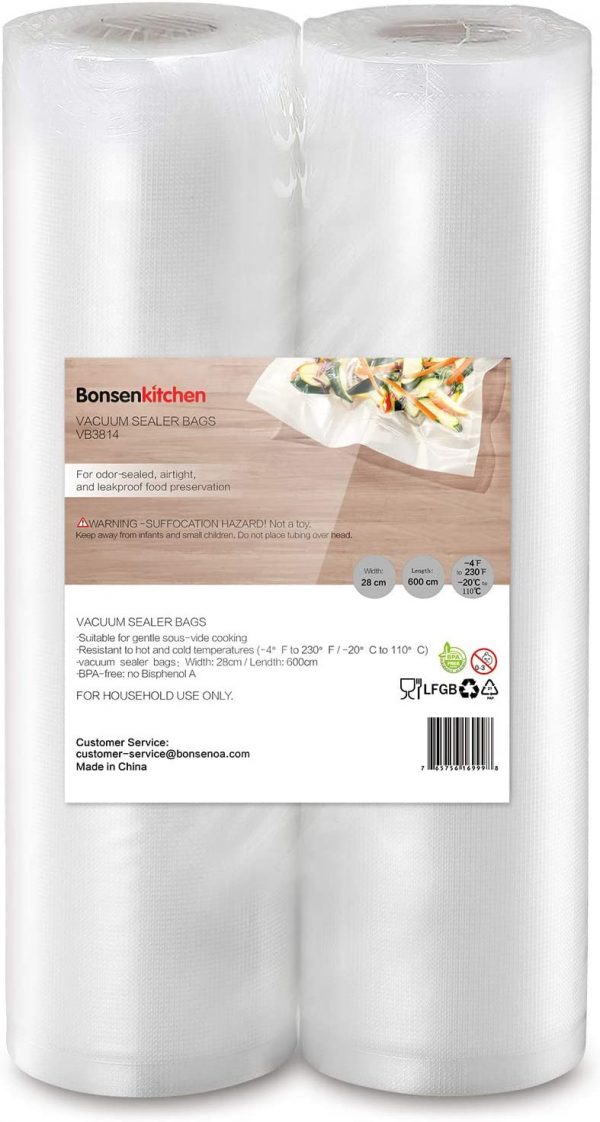 Bonsenkitchen Vacuum Food Sealer Rolls Bags, 2 Packs 28 x 600 cm Storage Bags (Total 12 m), BPA Free, Durable Commercial Customized Size Food Bags for Food...