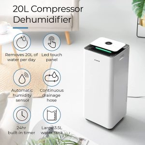 Emperial 20L/Day Dehumidifier with Digital Humidity Display, Sleep Mode, Continuous Drainage, Laundry Drying and 24 Hour Timer - Ideal for Damp and Condensation