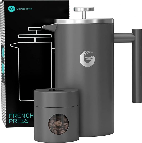 Coffee Gator Cafetiere - French Press Coffee Maker - Large Capacity, Double-Wall Insulated Stainless Steel Brewer - Hotter for Longer – Grey