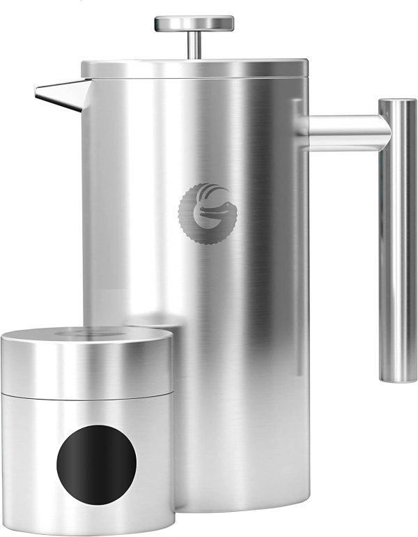 Coffee Gator Cafetiere - French Press Coffee Maker - Large Capacity, Double-Wall Insulated Stainless Steel Brewer - Hotter for Longer – Silver