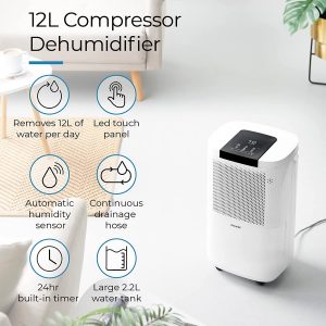 Emperial 12L/Day Dehumidifier with Digital Humidity Display, Sleep Mode, Continuous Drainage, Laundry Drying and 24 Hour Timer - Ideal for Damp and Condensation